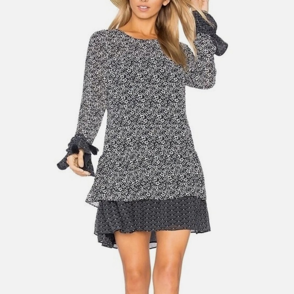 Tularosa Berkley Navy floral Long Sleeve Mini Dress w Flounce Hem